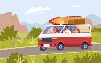 Family tourists travel by car bus camper van vector