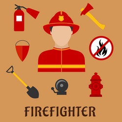 Flat set of firefighting items fireman Royalty Free Vector