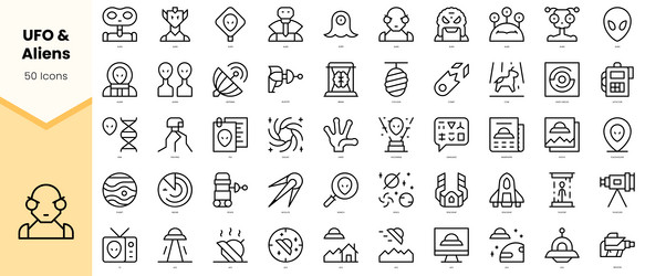 set of ufo and aliens icons simple line art style vector image