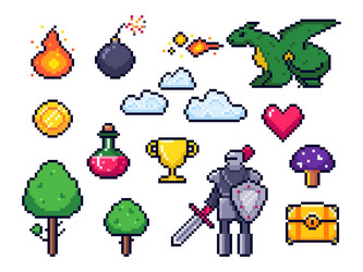 pixel game elements pixelated warrior and 8 bit vector image