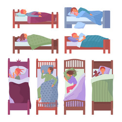 Cartoon color characters kids sleeping in beds set vector