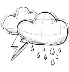 two clouds with lightnings and rain drops vector