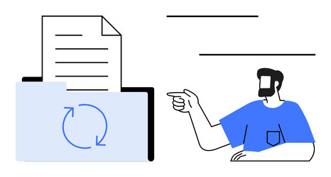 man pointing towards folder with document and sync vector image