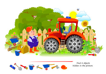 Logic puzzle game for kids find 8 objects hidden vector