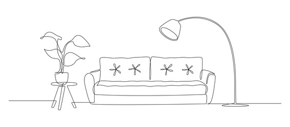 Continuous one line drawing of sofa and floor lamp vector