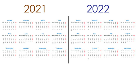 2021 2022 calendar week starts monday vector