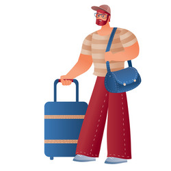 Man in a cap with suitcase on wheels and bag vector