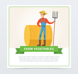 Smiling farmer stands with a pitchfork in front vector