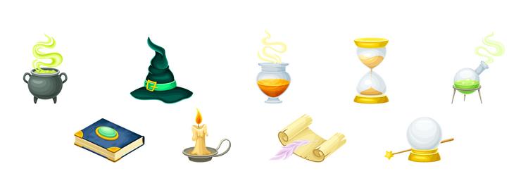 magic object and element with cauldron hourglass vector image
