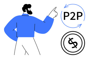man gesturing toward p2p concept with circular vector image