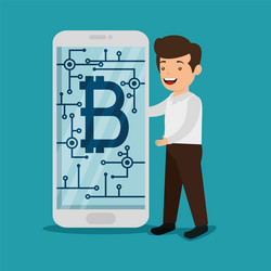 man with computer electronic bitcoin currency vector image
