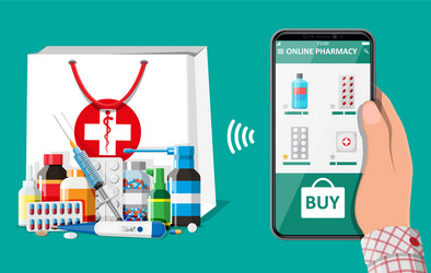 hand holding phone with internet pharmacy app vector