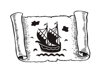 Sketch of ancient scroll with ship isolated vector