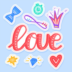 Set love stickers pins patches and handwritten vector