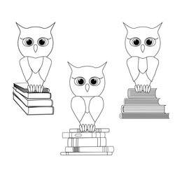 Sketch set of wise owls on a stack books vector