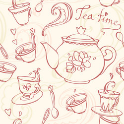 Teatime seamless pattern with teapot and mugs vector