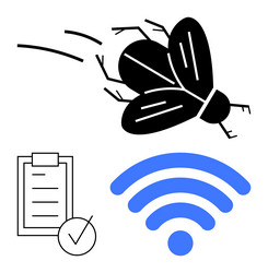 bug flying with checklist and wireless symbol vector image