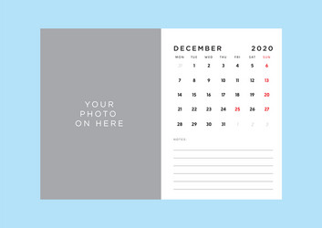 Calendar 2020 template in custom size vector