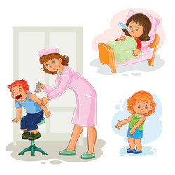 set icons little girl sick vector