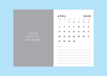 Calendar 2020 template in custom size vector