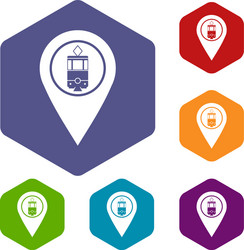 Geo tag with tram sign icons set hexagon vector