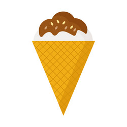 White ice cream in a cone with chocolate and nuts vector