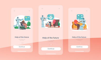 Robots help elderly people mobile app page onboard vector