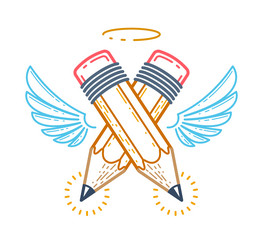 Two crossed pencils with wings and nimbus simple vector