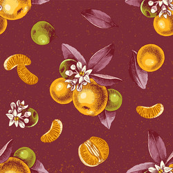 Seamless pattern with mandarin branches and slices vector