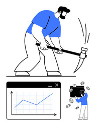 miner with pickaxe graph interface and person vector image