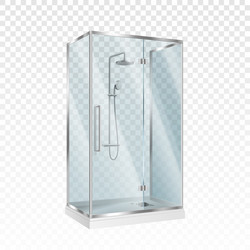 Realistic glass shower cabin with transparent door vector