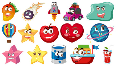 set of different toy objects with smiley faces vector image