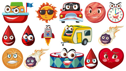 set of different toy objects with smiley faces vector image