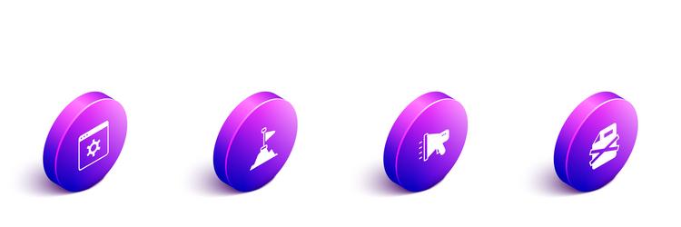 Set isometric browser setting mountains with flag vector