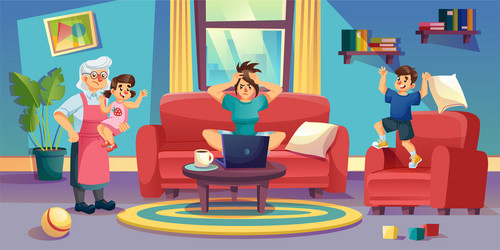 naughty children annoyed mother freelancer at home vector