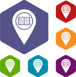 Map pointer with book icons set hexagon vector