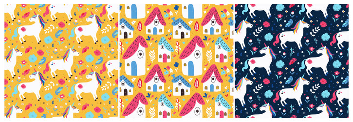 set of fairytale seamless patterns with unicorns vector image