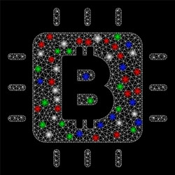 bright mesh 2d bitcoin processor chip with flare vector image