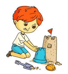 Little kid playing with basket shovel and toys vector