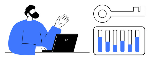 businessman at laptop with key and data bars vector image