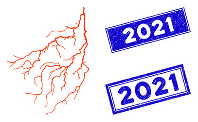 flat lightning icon and scratched rectangle 2021 vector