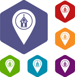 Map pointer with church icons set hexagon vector