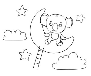 Cute koala on moon in outline style for coloring vector