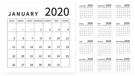 Mockup simple calendar layout for 2020 year week vector