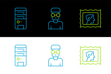 Set line postal stamp computer and nerd geek icon vector