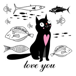 graphics funny cat and fish on a white background vector image