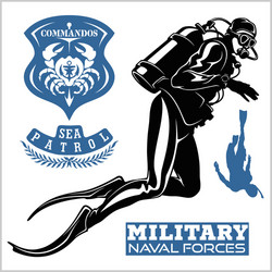 set scuba diver silhouette and diving labels Vector Image