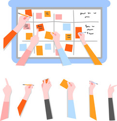 scrum task board set with human hands holding vector image