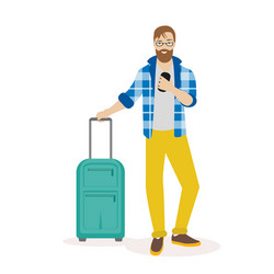 hipster traveling man standing with suitcase vector image