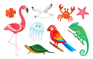 Exotic wild birds and animals summer symbols vector